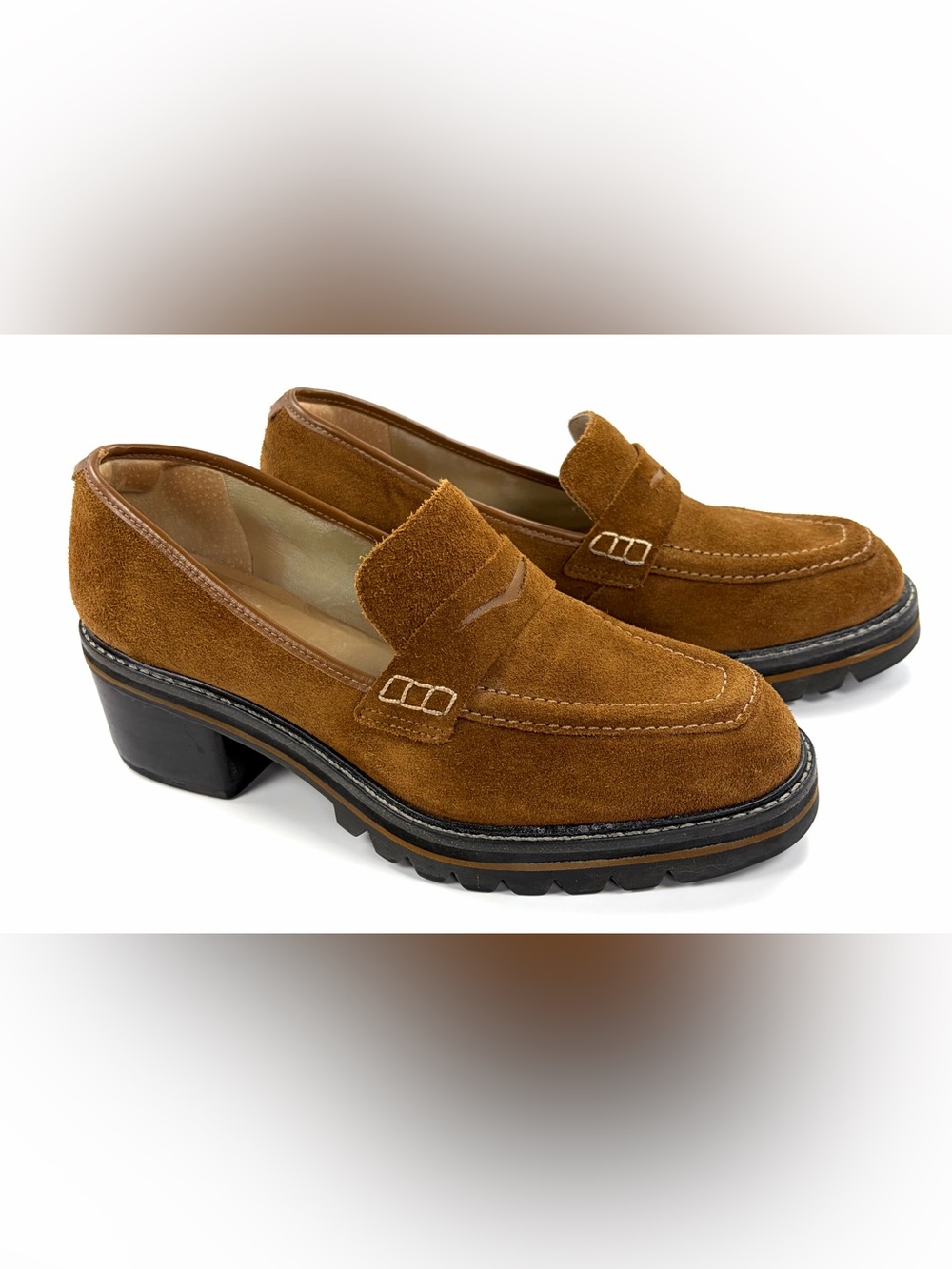 Bernardo Selma Suede Penny Loafers Women’s 9M Cognac Brown Lug Sole Block Heel